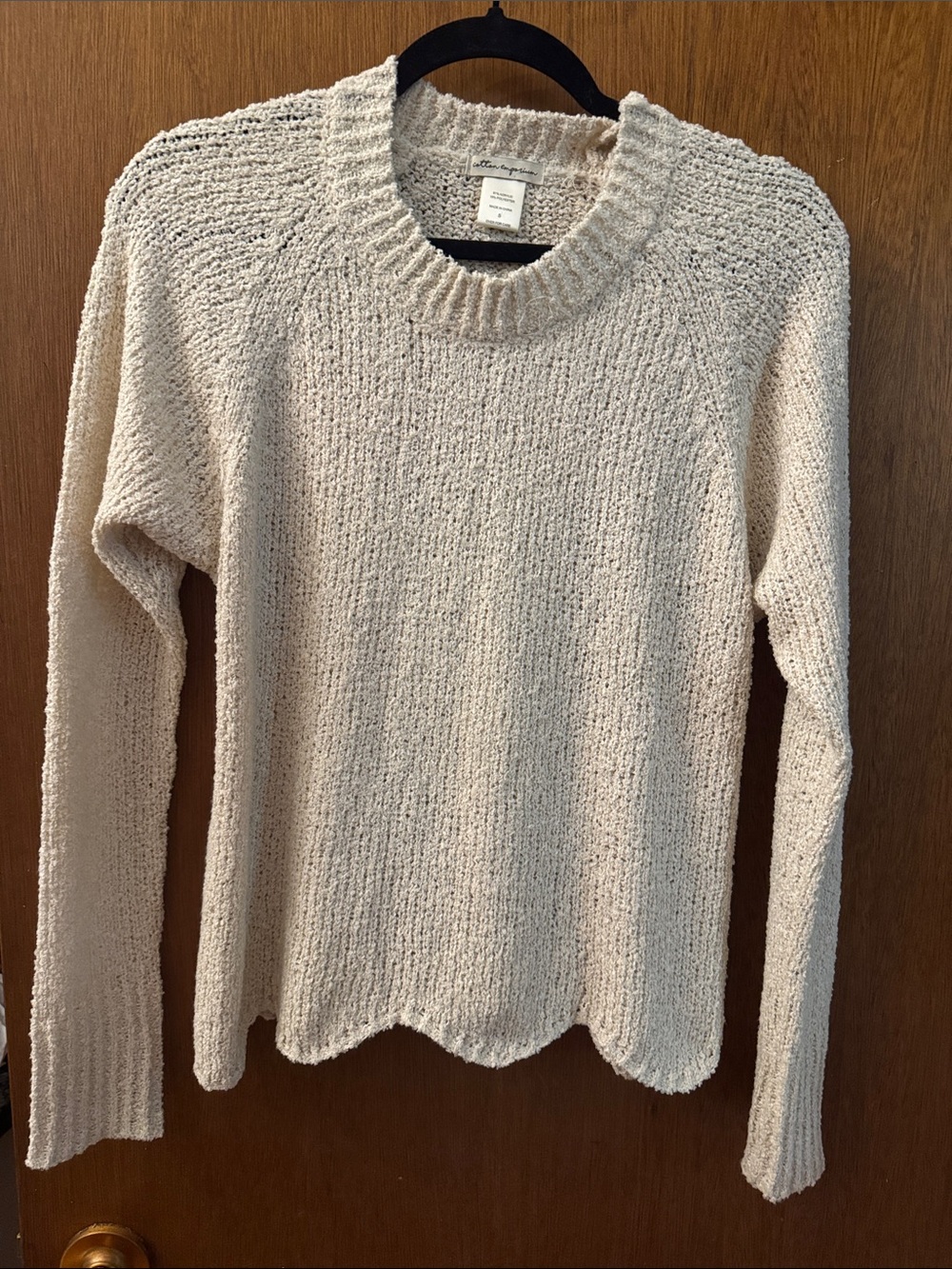 Cotton Emporium Neutral Cream Scallop-Hem Crewneck Sweater